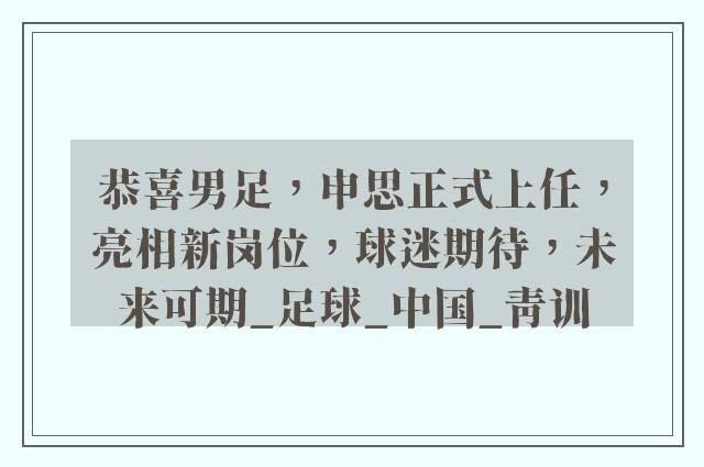 恭喜男足，申思正式上任，亮相新岗位，球迷期待，未来可期_足球_中国_青训