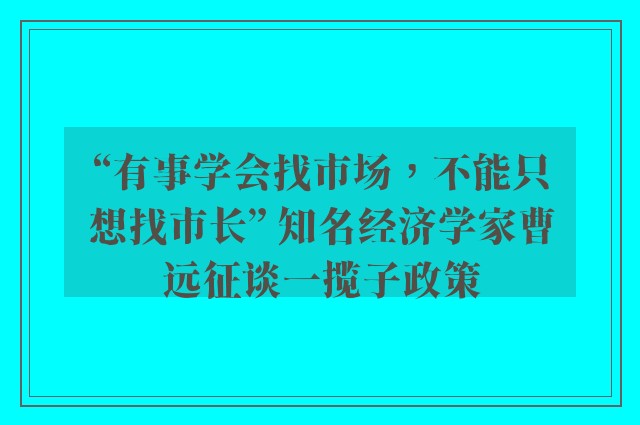 “有事学会找市场，不能只想找市长” 知名经济学家曹远征谈一揽子政策